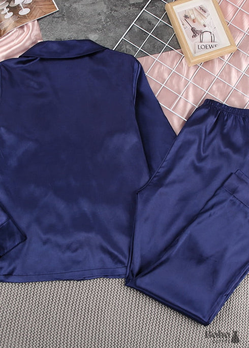 Pijama bohemio, conjunto de pijama de satén Corinne en azul marino